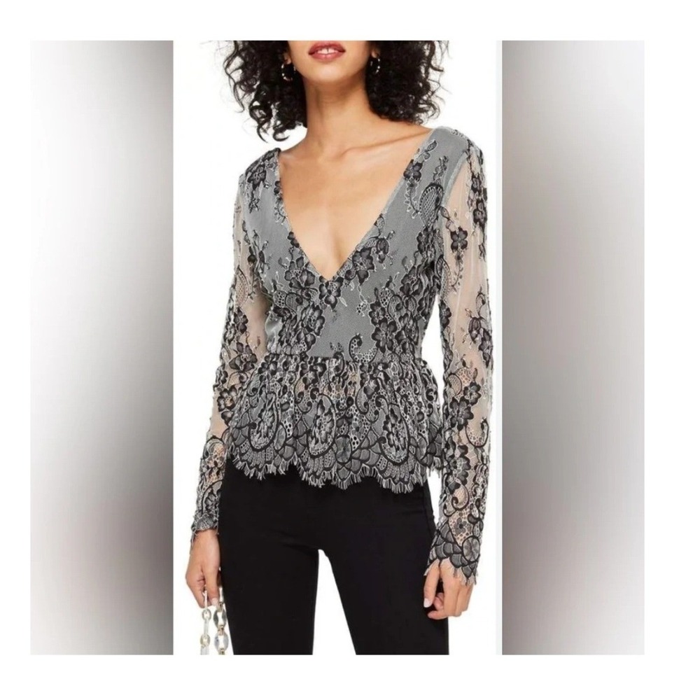 Topshop Grey Lace V-Neck Long Sleeve Blouse